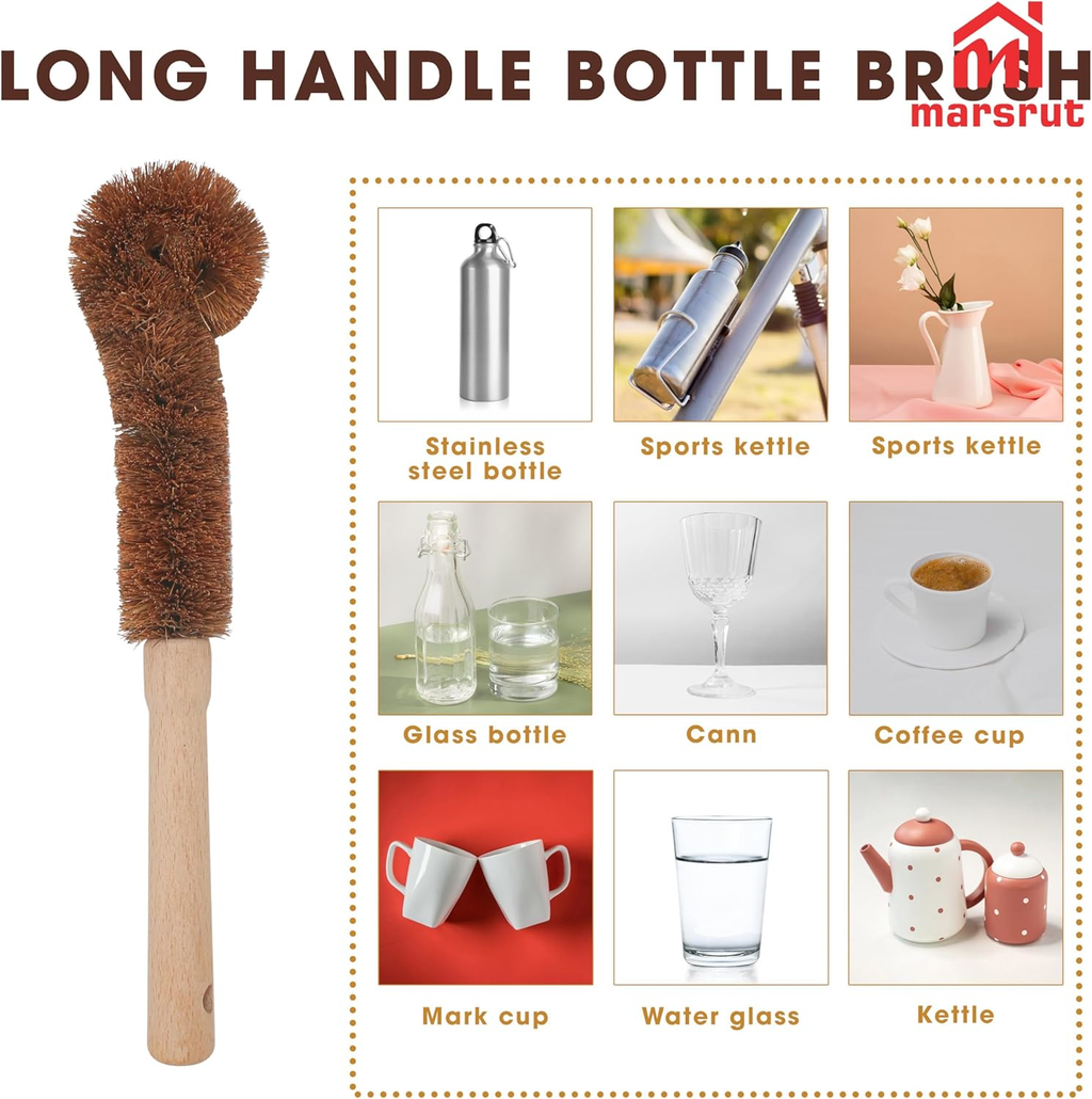 2Pcs Coconut Brush Fiber Bottle Wooden Cleaning Brush, Scrub Head for Deep Pan Cleaning Washing, Sturdy Natural Eco-Friendly Handle Holder, Bristle Scrubber for Kitchen Dishes Vegetable, Dark Brown