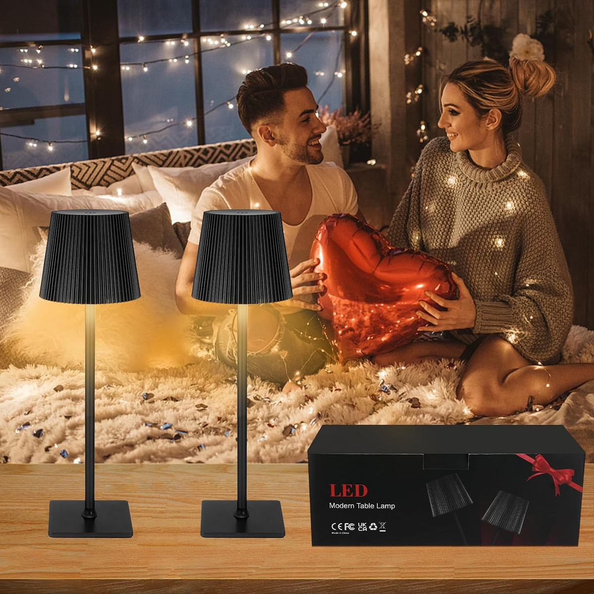 Cordless Rechargeable LED Table Lamps, Set of 2, Touch Dimmable, 3 Light Colours, IP54 Water-Resistant – Black