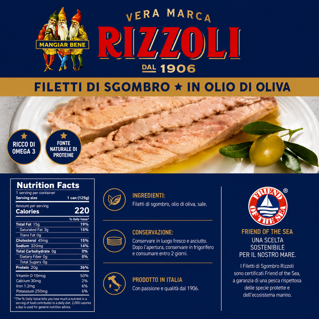 Rizzoli Mackerel Fillets in Olive Oil, 2-Pack Imported Italian Mackerel Fillets, Ready to Eat Canned Seafood