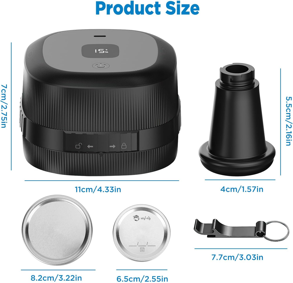 3-in-1 Rechargeable Electric Mason Jar Vacuum Sealer Kit for Regular and Wide Mouth Jars – Black
