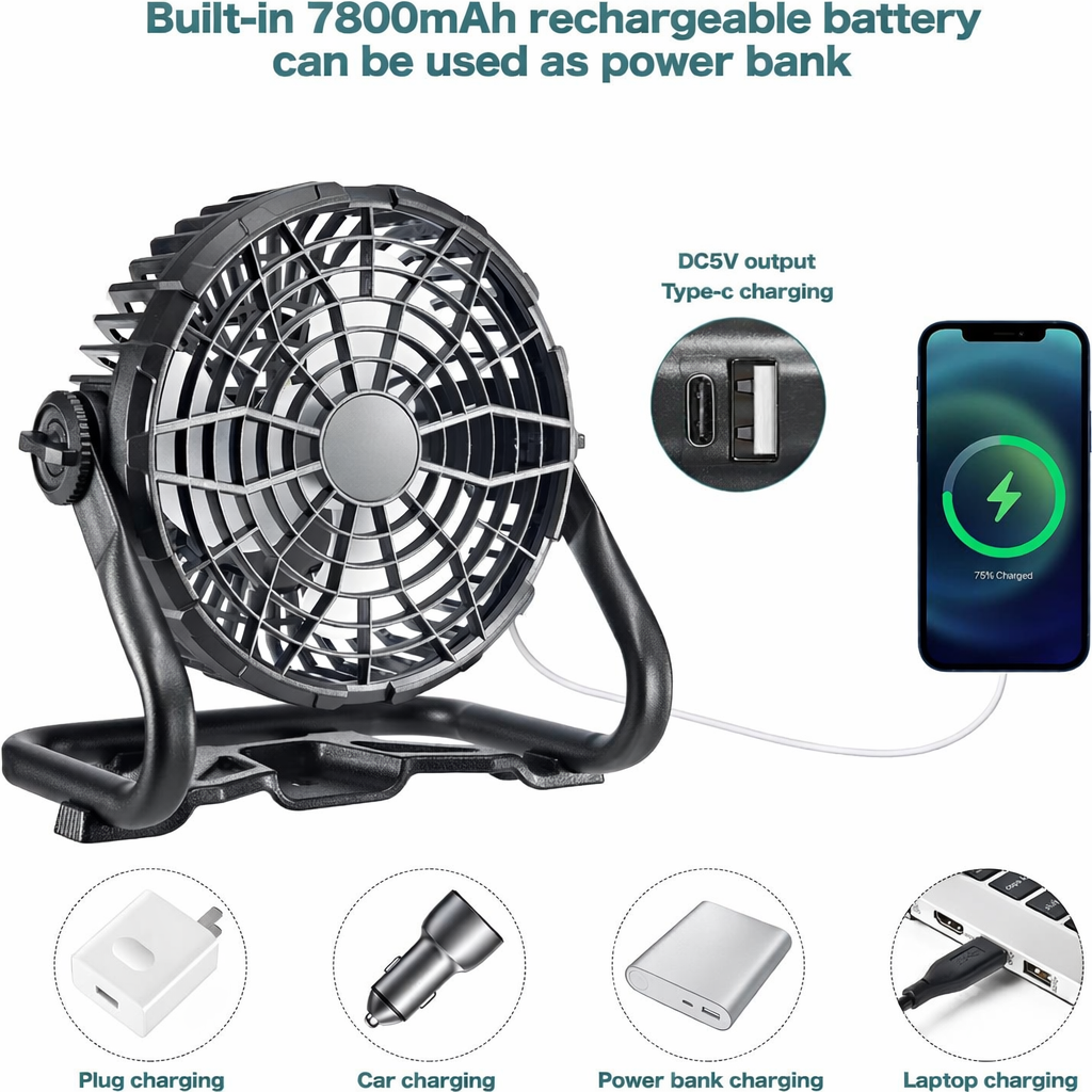 8-Inch Rechargeable Portable Camping Fan with LED Light, Hanging Hook and Adjustable Airflow