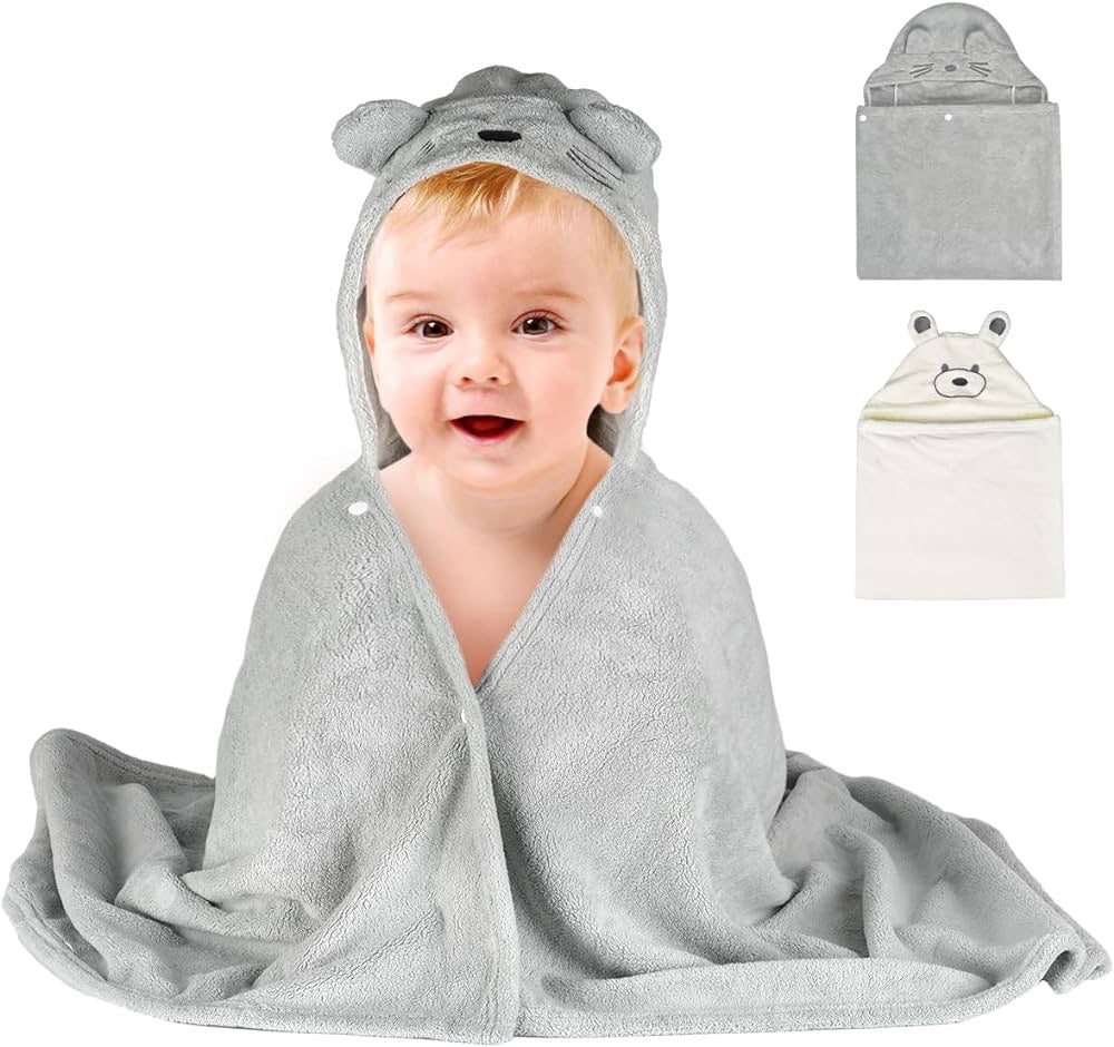 Hooded Baby Towel Set, Soft Coral Velvet Kids Bath Towel, Super Absorbent Quick Dry Hooded Towel for Newborn Toddler, 0-8 Years Old, 2 Pack (Gray & White)