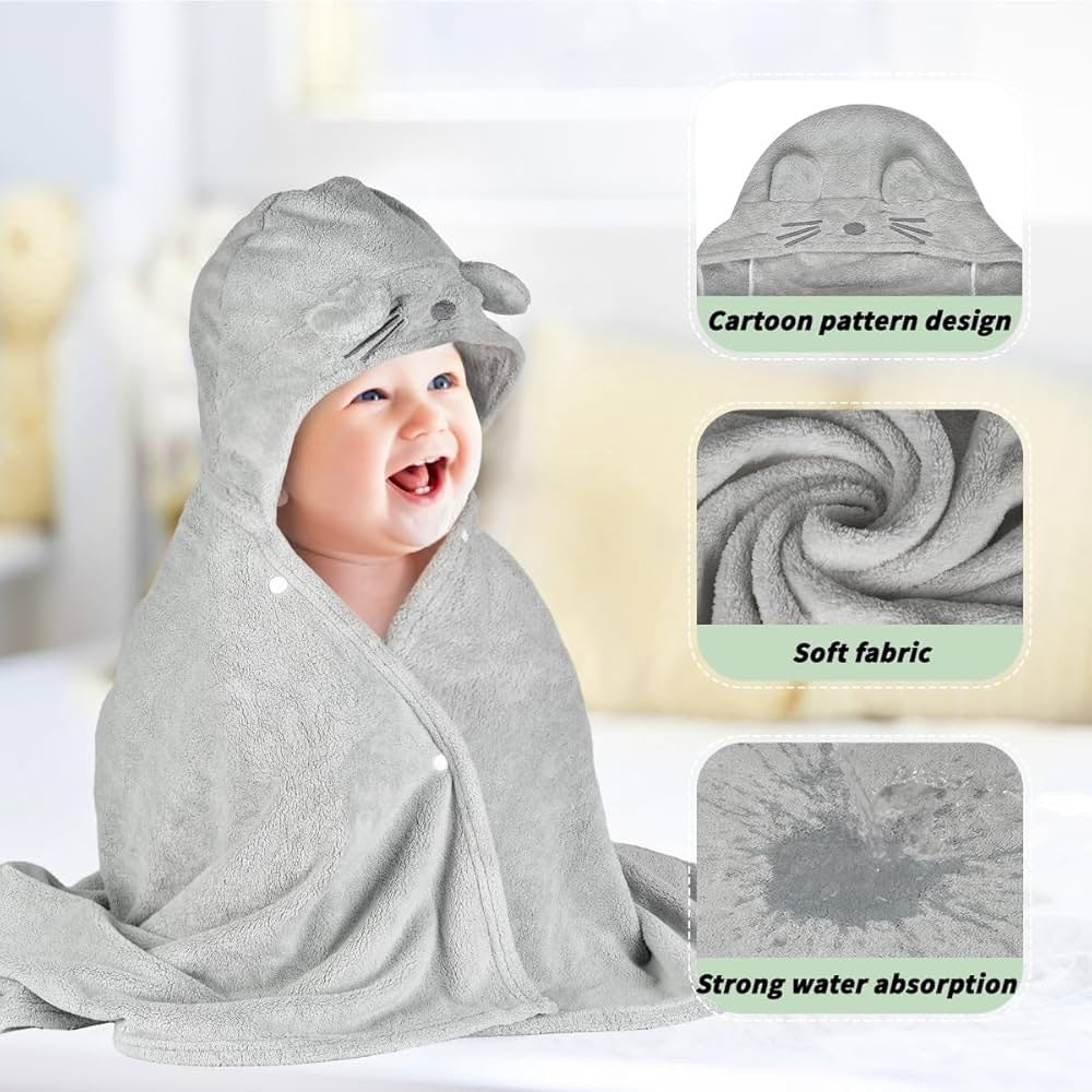 Hooded Baby Towel Set, Soft Coral Velvet Kids Bath Towel, Super Absorbent Quick Dry Hooded Towel for Newborn Toddler, 0-8 Years Old, 2 Pack (Gray & White)