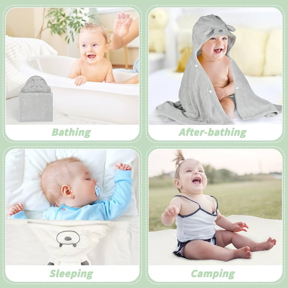 Hooded Baby Towel Set, Soft Coral Velvet Kids Bath Towel, Super Absorbent Quick Dry Hooded Towel for Newborn Toddler, 0-8 Years Old, 2 Pack (Gray & White)