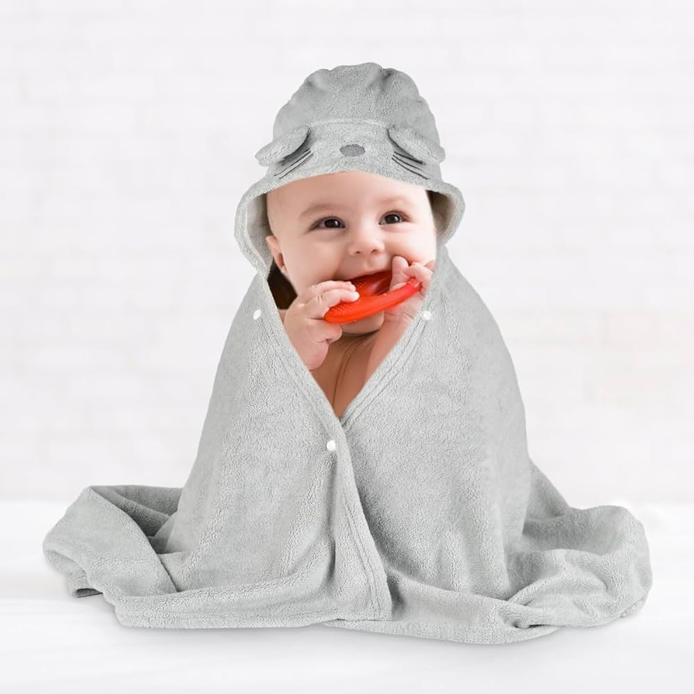 Hooded Baby Towel Set, Soft Coral Velvet Kids Bath Towel, Super Absorbent Quick Dry Hooded Towel for Newborn Toddler, 0-8 Years Old, 2 Pack (Gray & White)
