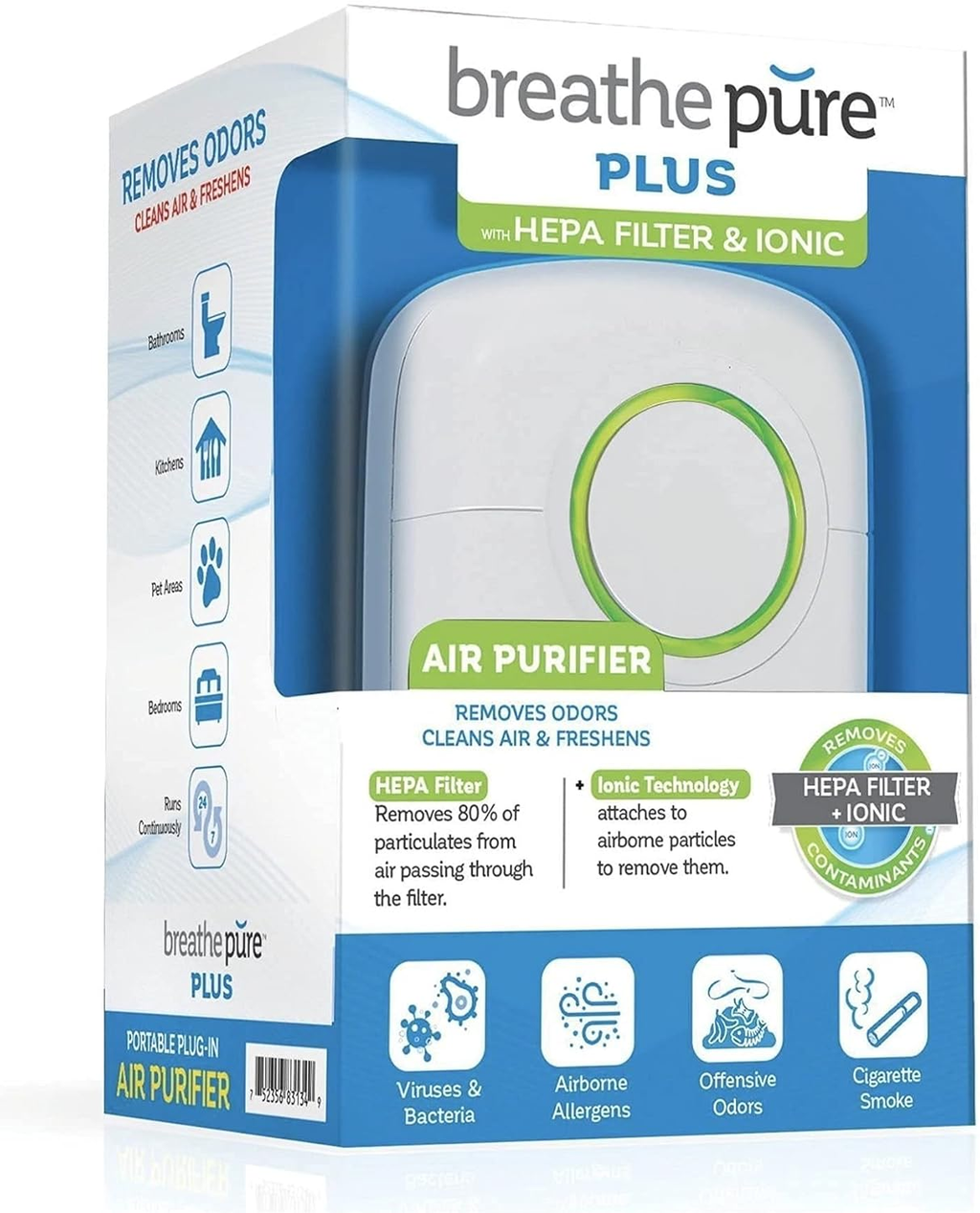 Breathe Pure Plus Plug-In Air Purifier with HEPA Filter & Ionic Freshener