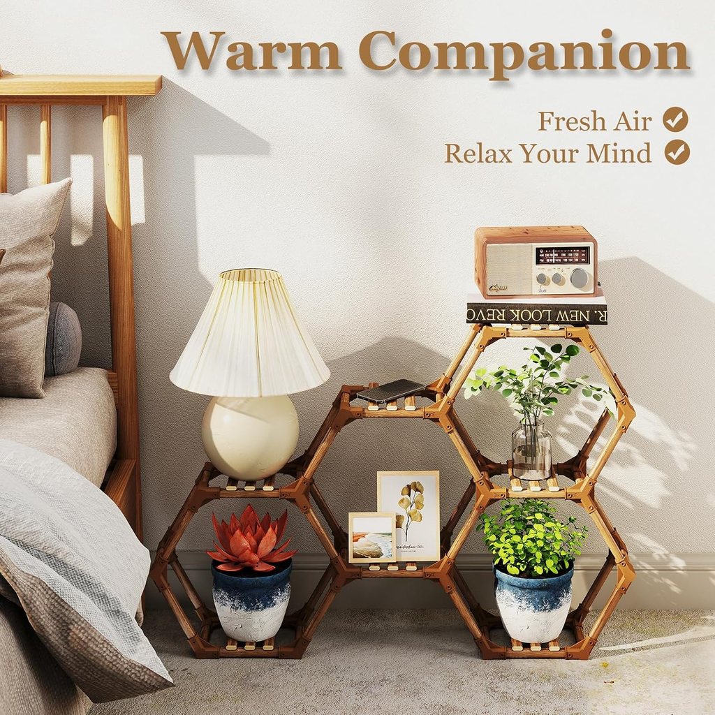 Small 7-Tier Hexagonal Wooden Plant Stand, 36.6 x 5.9 x 24.7 in, Multi-Level Indoor Outdoor Plant Shelf for Living Room, Balcony & Patio