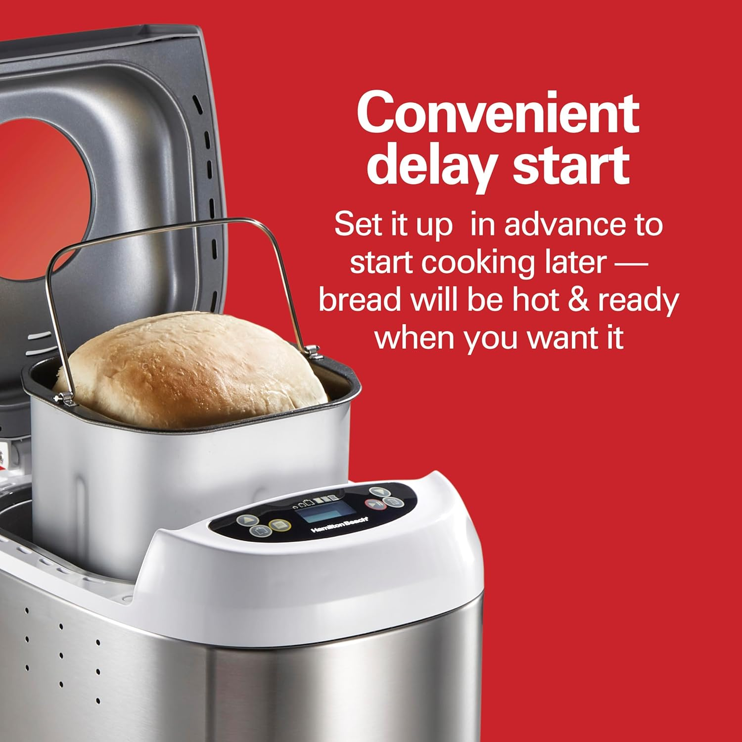 Open Box Hamilton Beach Digital Bread Maker with 14 Programs, 1-2 lb Loaf Capacity, 3 Crust Settings & Delay Timer - White/Stainless Steel