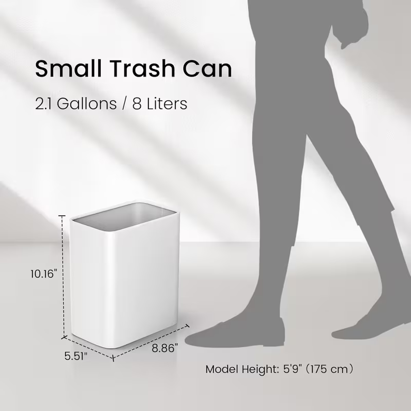Modern Stainless Steel Bathroom Trash Can – Small Metal Waste Basket for Bedroom, Office, Kitchen (Silver / White)