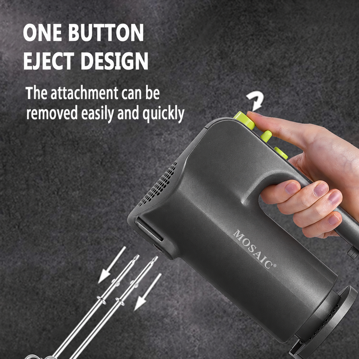 MOSAIC Electric Hand Mixer, 5 Speeds with Turbo, Beaters & Dough Hooks – Grey