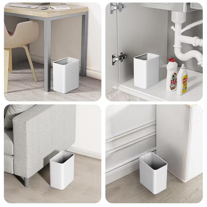 Modern Stainless Steel Bathroom Trash Can – Small Metal Waste Basket for Bedroom, Office, Kitchen (Silver / White)