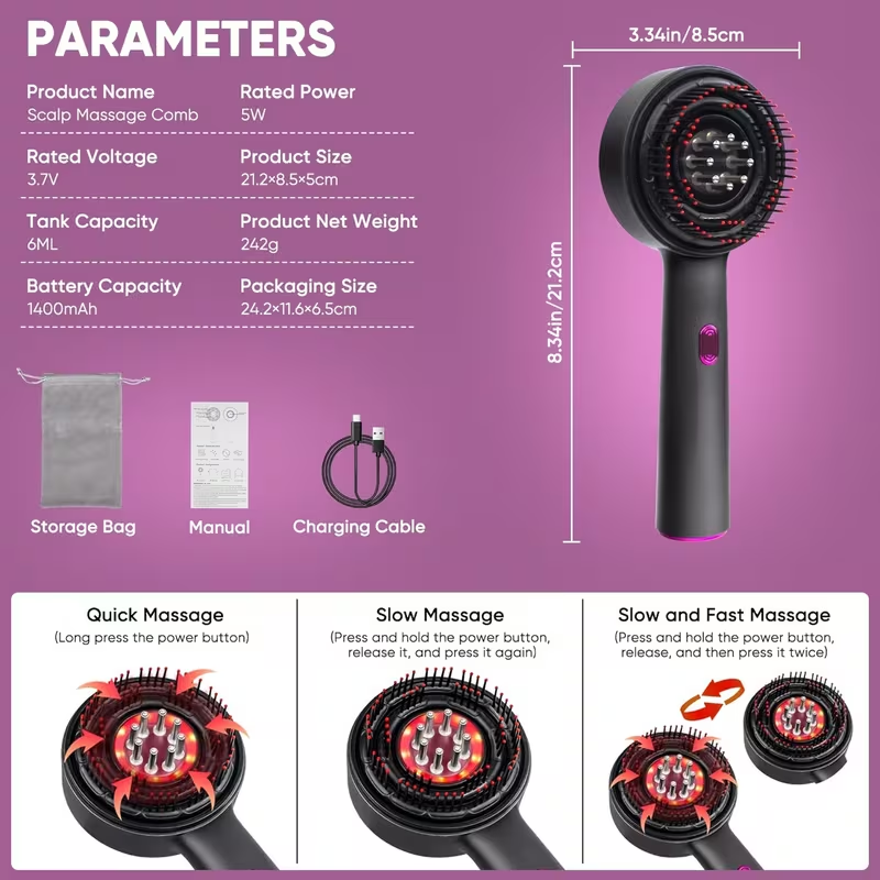 Neighbor Buy Rechargeable Scalp Massage Comb with 6mL Liquid Applicator, 630nm Red Light & 3 Massage Modes - Red