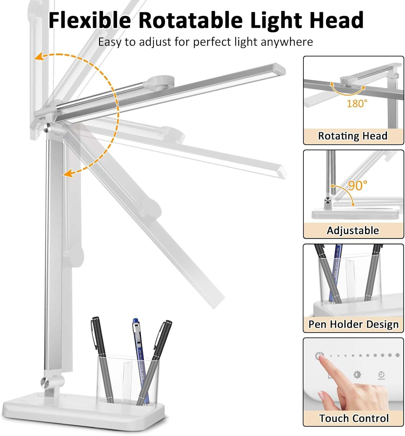 Silver White LED Desk Lamp with USB Charging Port – Adjustable Touch Control Table Lamp