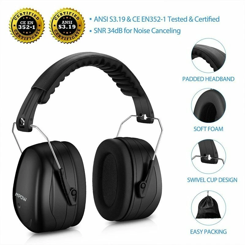Mpow SNR 34dB Noise Reduction Safety Ear Muffs 2-Pack, NRR 28dB Hearing Protection Ear Defenders for Shooting, Construction, Lawn Mowing, Adjustable Ear Protection – Black