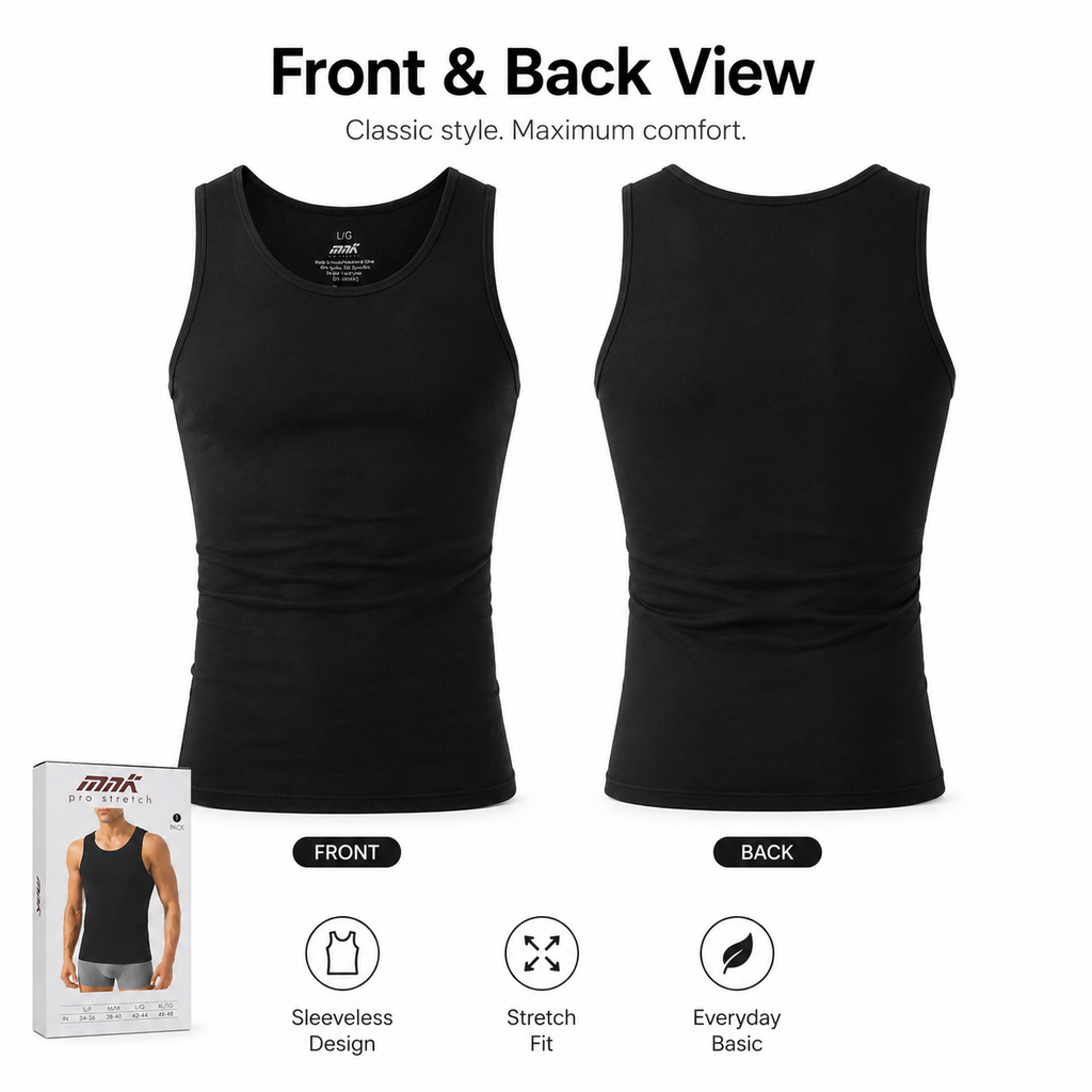 Men’s Pro Stretch Sleeveless Tank Top, Soft Fitted Cotton Undershirt, Black, Sizes S–L