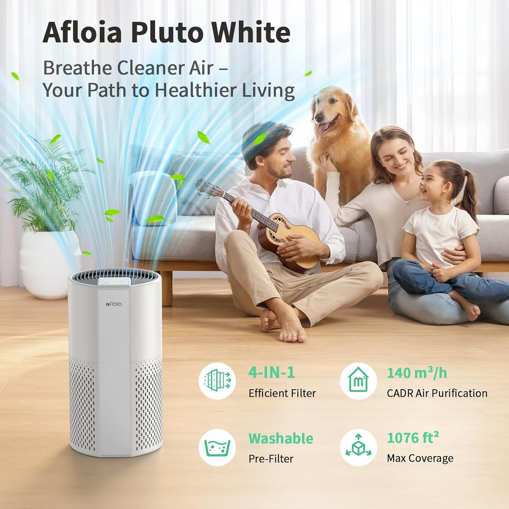 Afloia 4-in-1 Air Purifier with Washable Pre-Filter for Rooms up to 1,076 sq. ft. – White