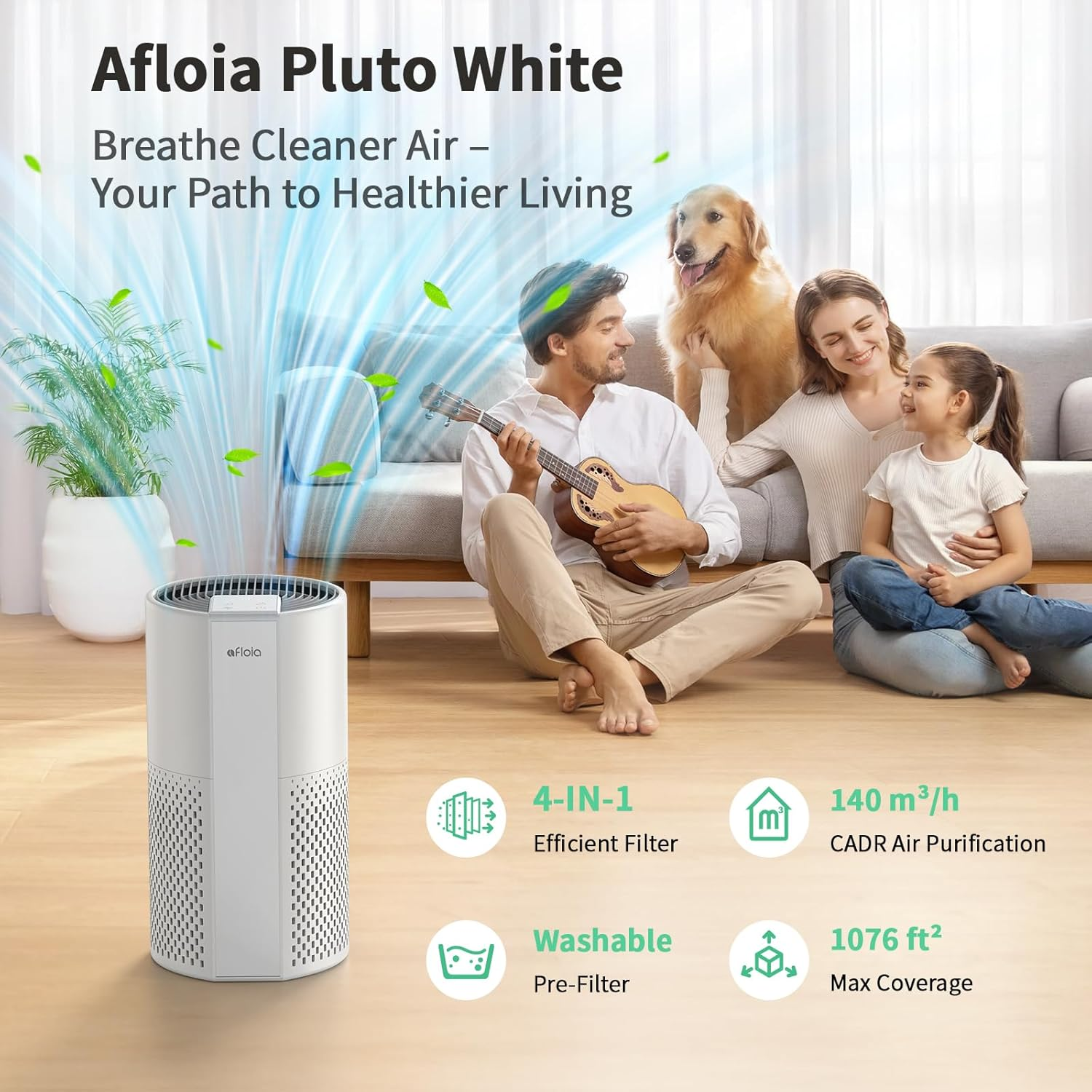 Afloia 4-in-1 Air Purifier with Washable Pre-Filter for Rooms up to 1,076 sq. ft. – White