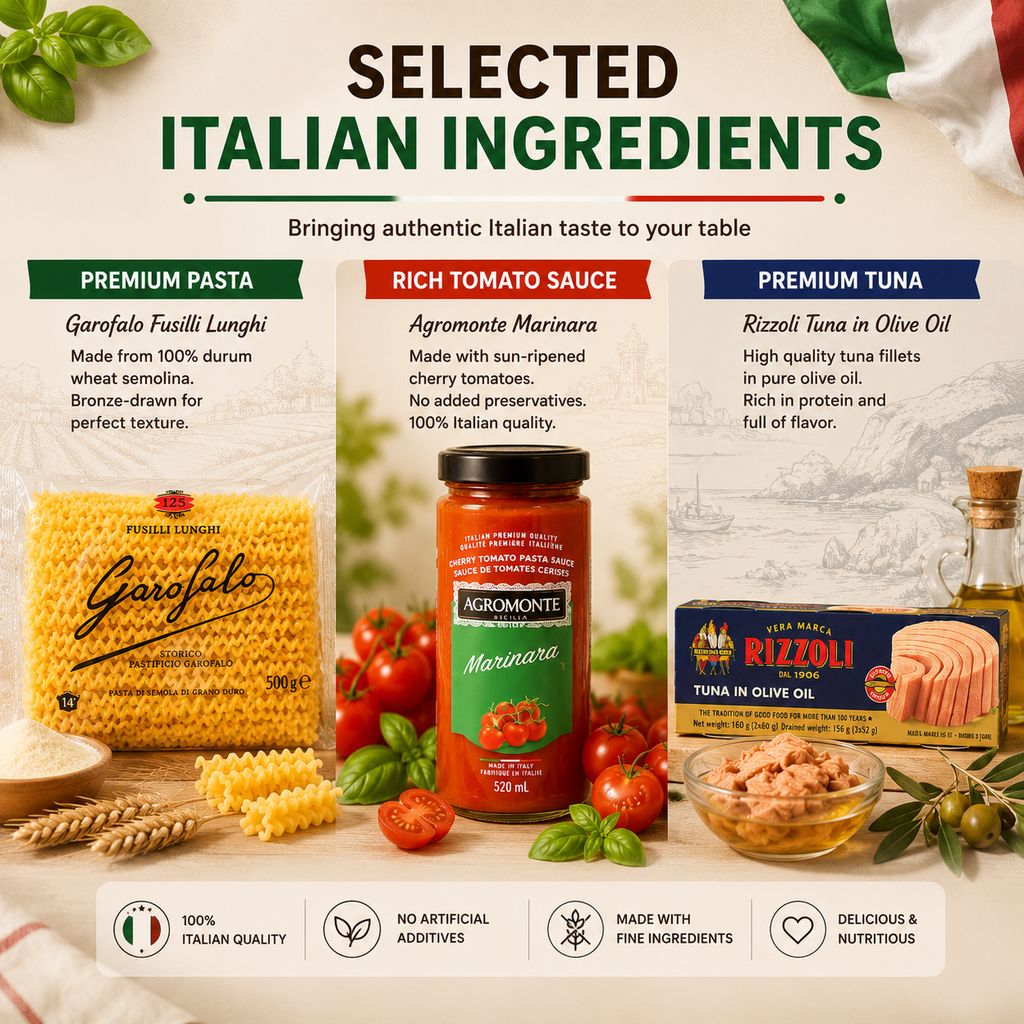 Italian Pasta Meal Kit Set – Fusilli Lunghi Pasta, Tuna in Olive Oil & Cherry Tomato Pasta Sauce, Easy Family Meal Bundle