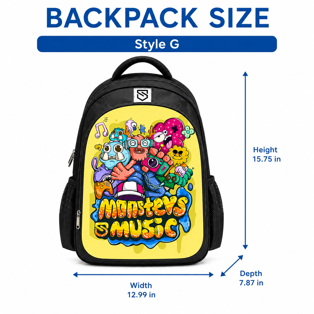 Kids Cartoon Print School Backpack with Front Zip Pocket and Dual Side Mesh Pockets, 15.75 x 12.99 x 7.87 in, Style G