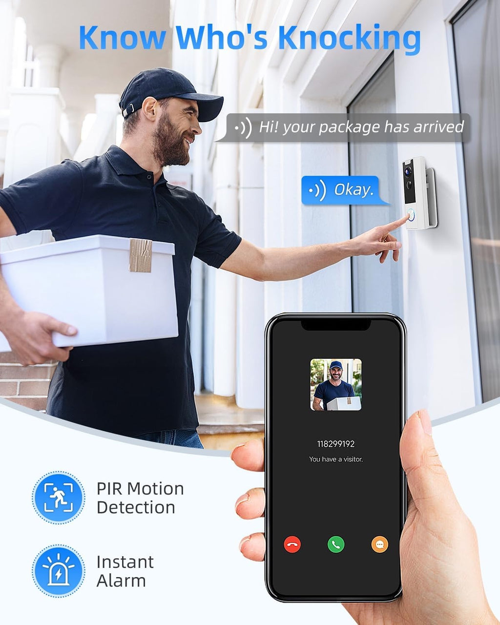 Wireless 2K Video Doorbell Camera – Smart WiFi Doorbell with PIR Motion Detection, Night Vision & Two-Way Audio