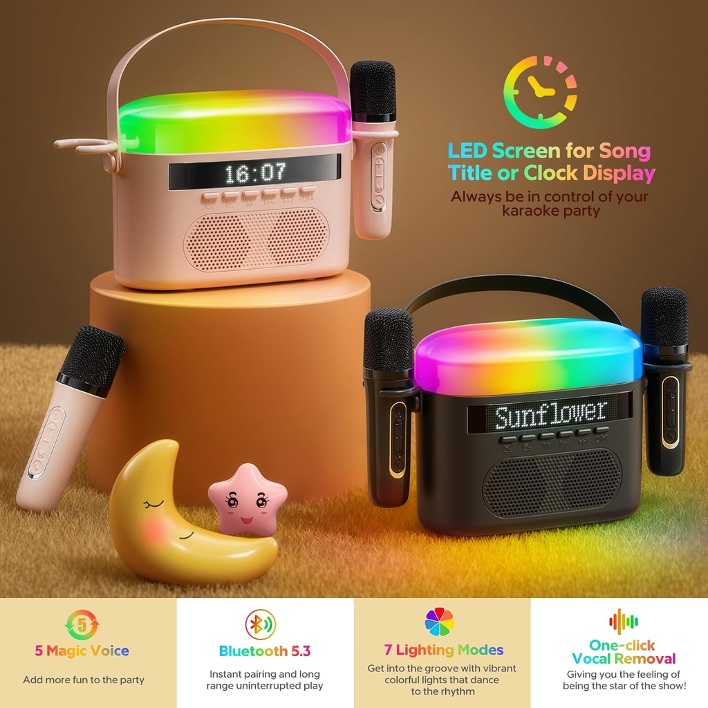 Portable Mini Bluetooth Karaoke Machine with 2 Wireless Microphones, LED Lights and Voice Effects – Pink