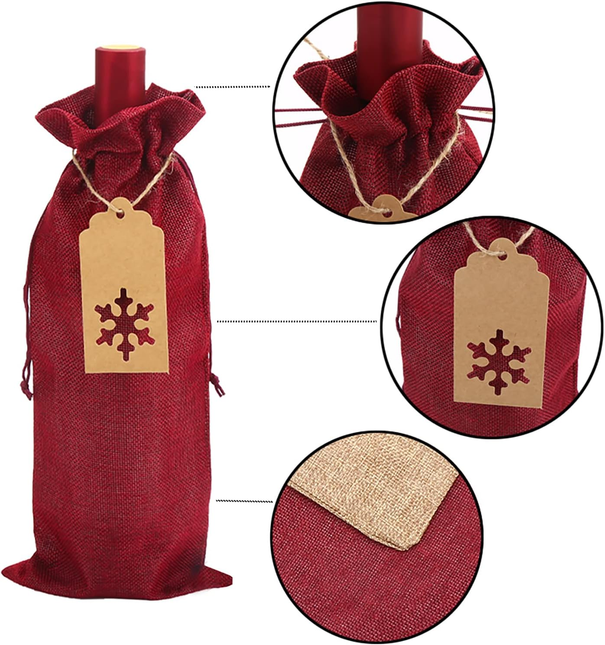 Christmas Burlap Wine Gift Bags with Drawstrings & Snowflake Tags – Red & Natural