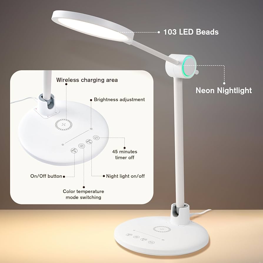 3-in-1 LED Desk Lamp with Wireless Charging Base & Adjustable Brightness for Study, Reading & Office Use