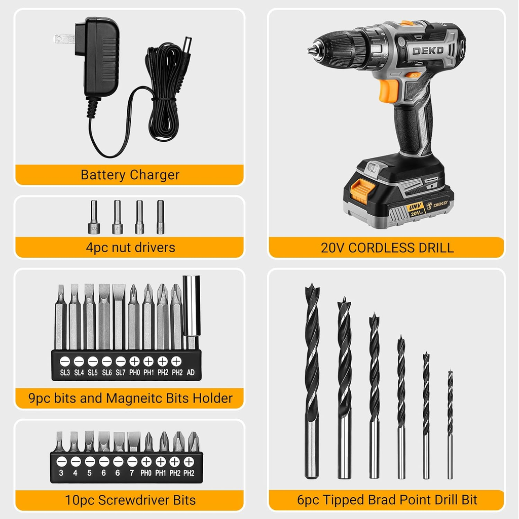 AZMERA 20V Cordless Power Drill Set with Battery & Charger – Electric Drill Driver Kit