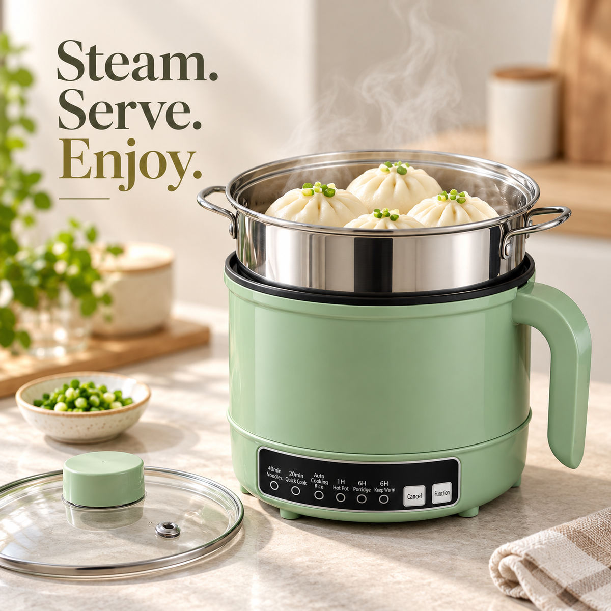 1.7L Multifunction Electric Cooking Pot with Stainless Steel Steamer, Non-Stick Interior & Glass Lid, 600W