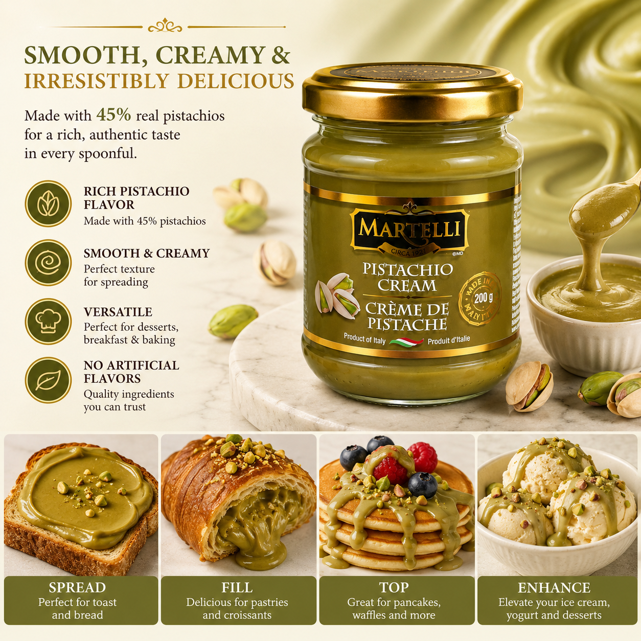 Martelli Pistachio Cream 200g, 45% Pistachios, Smooth & Creamy Spread for Toast, Desserts & Baking, Best Before Jan 22, 2027