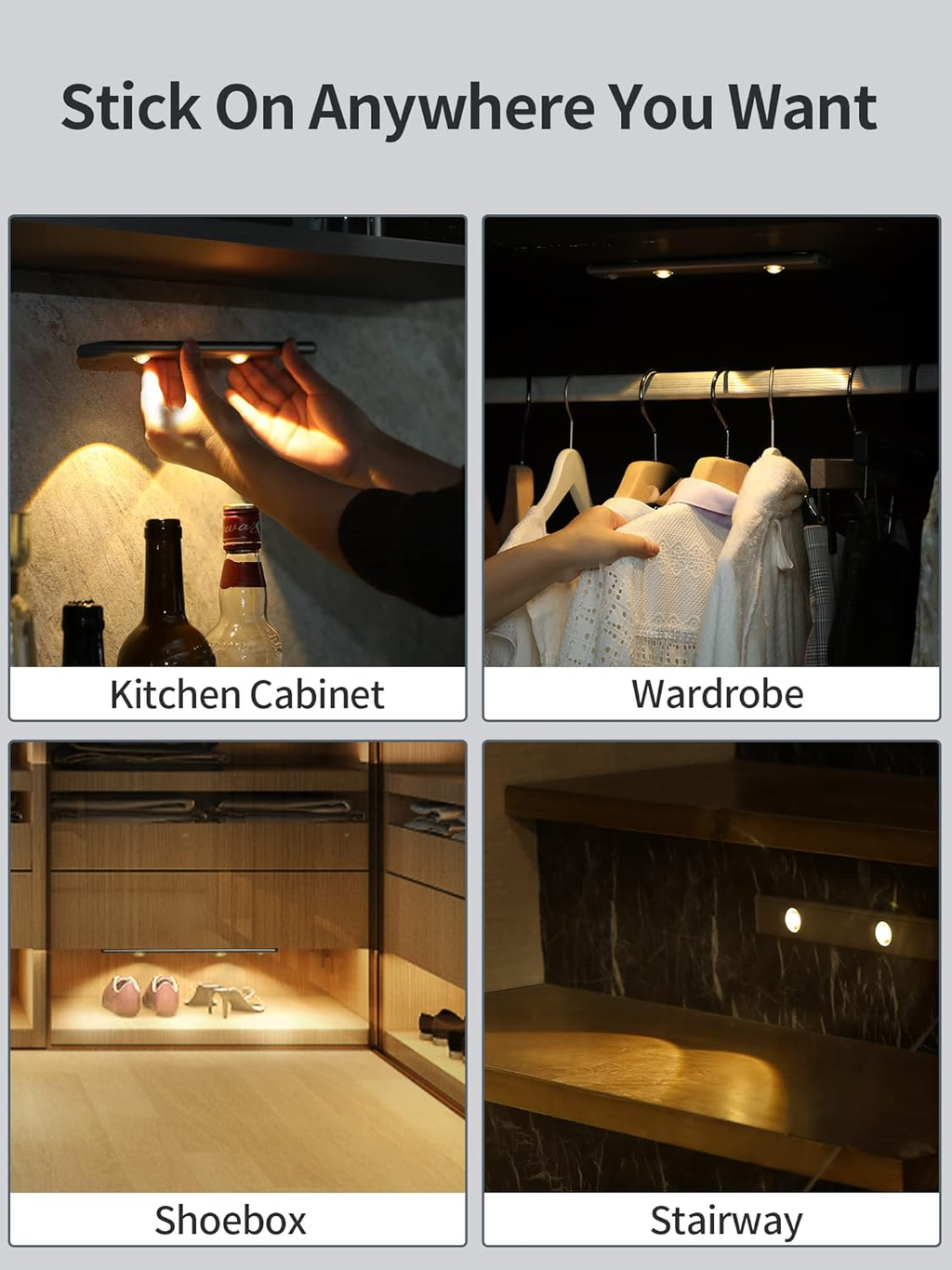 3 Color Dimmable Motion Sensor Under Cabinet Lights Wireless,1500mAh Rechargeable Battery Operated LED Closet Light Bar, Stick on Anywhere Under Cabinet Lighting for Kitchen, Stair, Wardrobe,10.43"