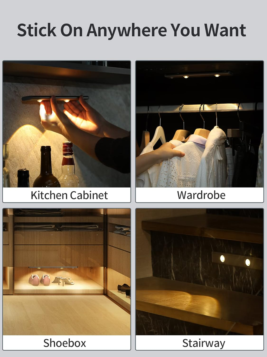 3 Color Dimmable Motion Sensor Under Cabinet Lights Wireless,1500mAh Rechargeable Battery Operated LED Closet Light Bar, Stick on Anywhere Under Cabinet Lighting for Kitchen, Stair, Wardrobe,10.43"