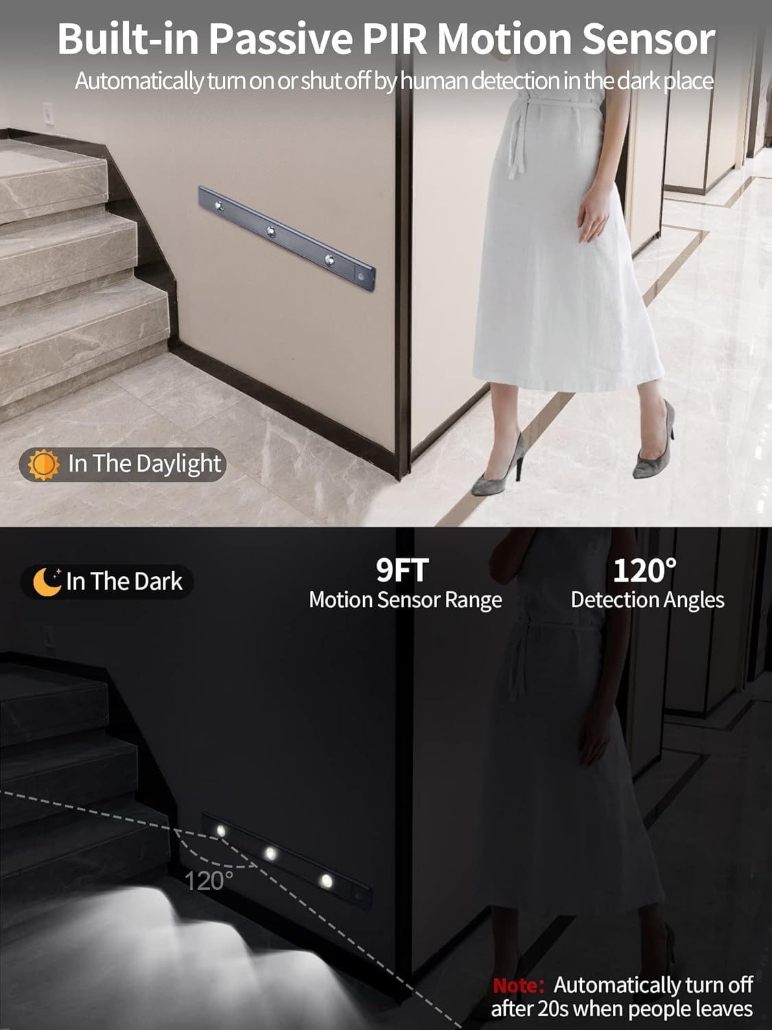 3 Color Dimmable Motion Sensor Under Cabinet Lights Wireless,1500mAh Rechargeable Battery Operated LED Closet Light Bar, Stick on Anywhere Under Cabinet Lighting for Kitchen, Stair, Wardrobe,15.35"