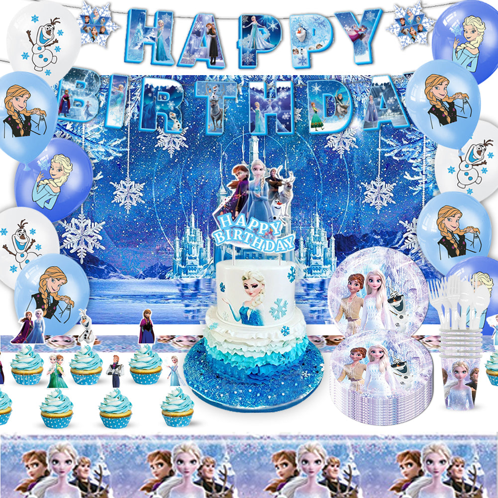 Winter Snow Princess Birthday Party Decorations Set – Kids Party Supplies with Backdrop, Banner, Balloons, Tableware & Cake Toppers (Blue Ice Theme)