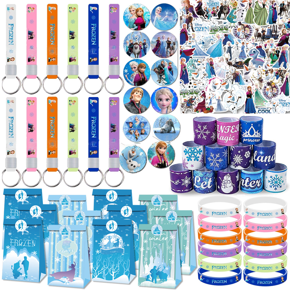 Winter Princess Theme Party Decorations Set – Kids Birthday Supplies with Gift Bags, Bracelets, Keychains, Stickers & Badges (Blue Snowflake Style)