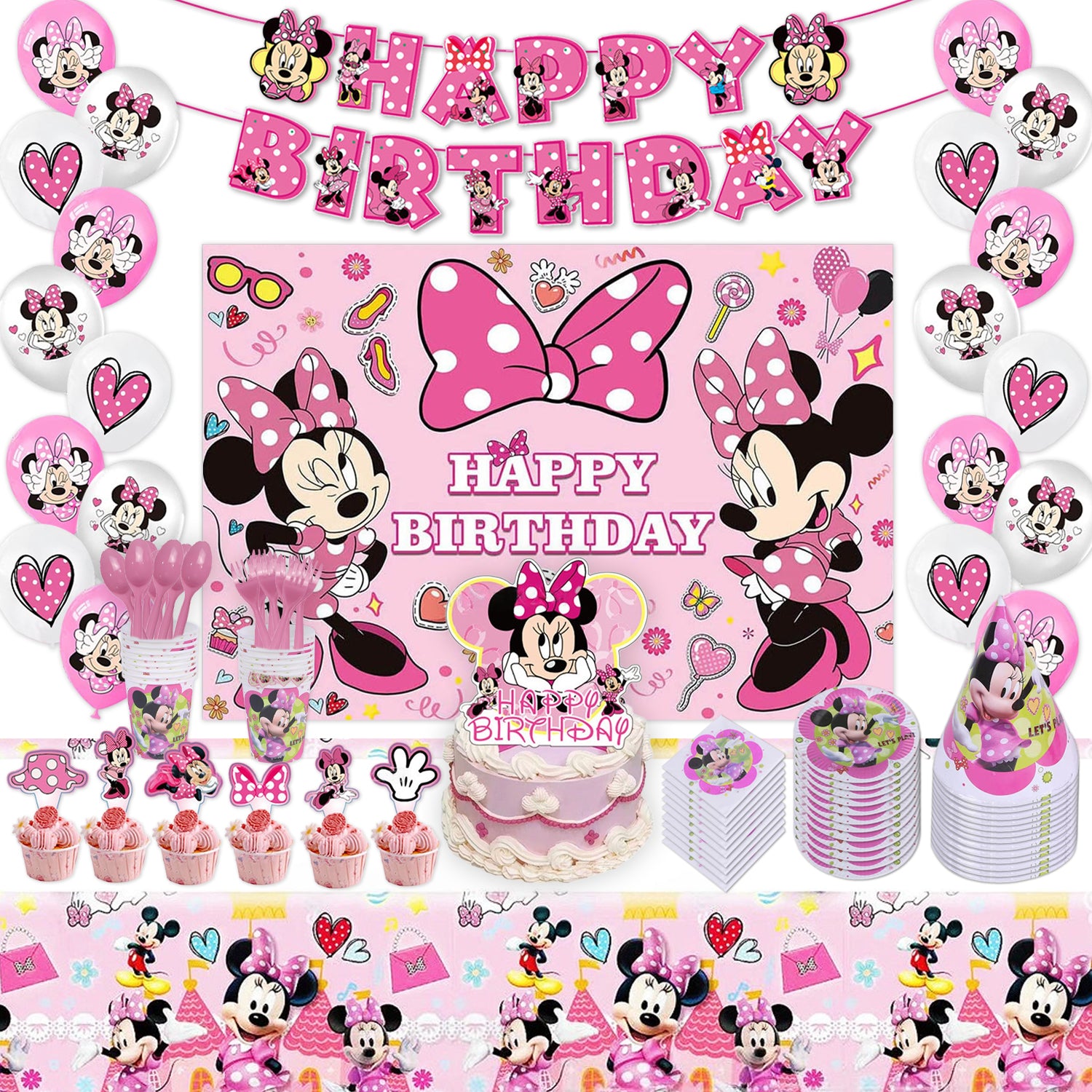 Pink Cartoon Bow Theme Birthday Party Decorations Set – Kids Girls Party Supplies with Banner, Balloons, Tableware & Cake Toppers
