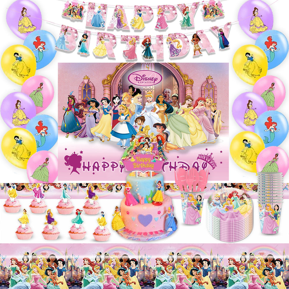 Pink Fairy Tale Princess Birthday Party Decorations Set – Kids Party Supplies with Backdrop, Banner, Balloons, Tableware & Cake Toppers