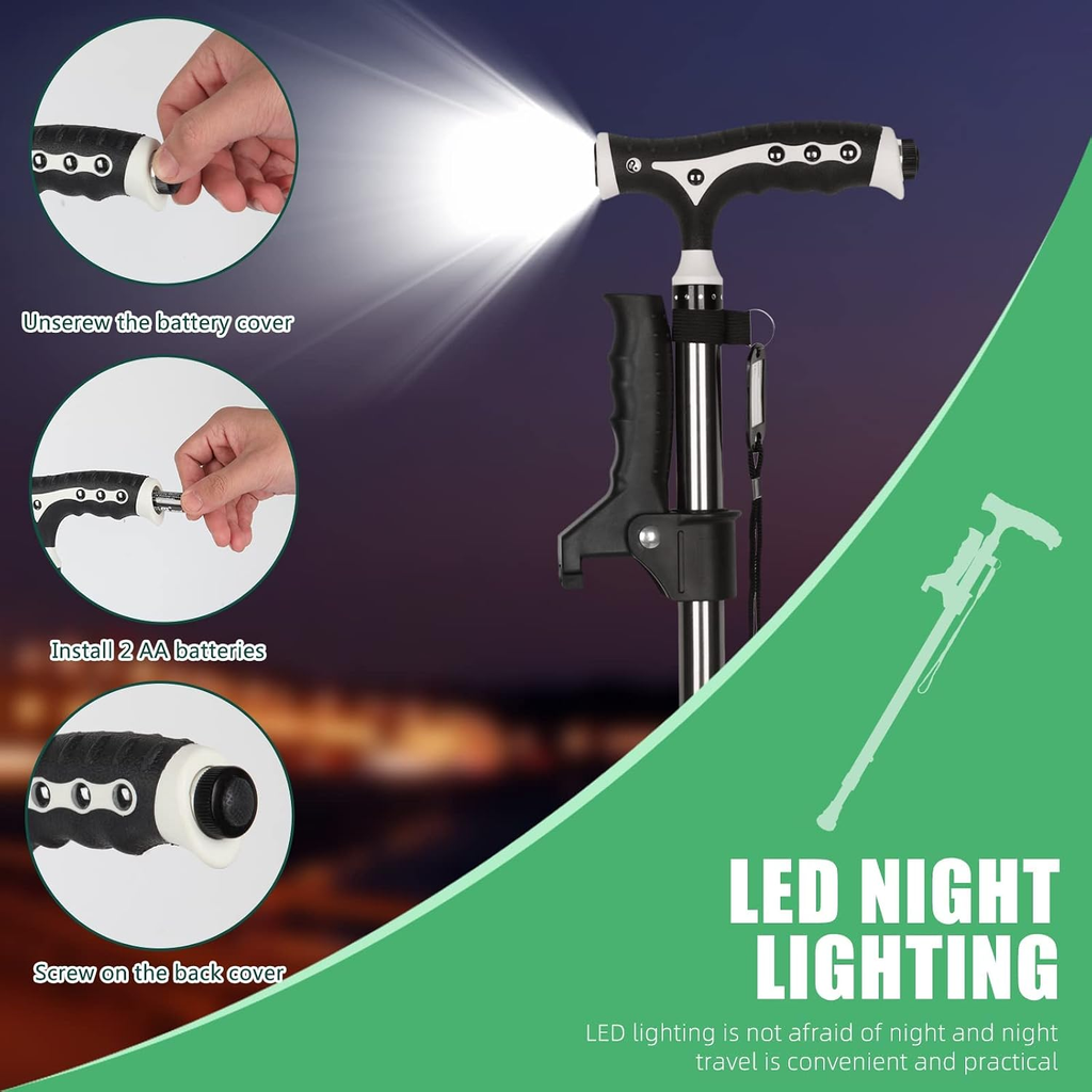 Foldable Adjustable Walking Cane with LED Light and Freestanding Base – Black