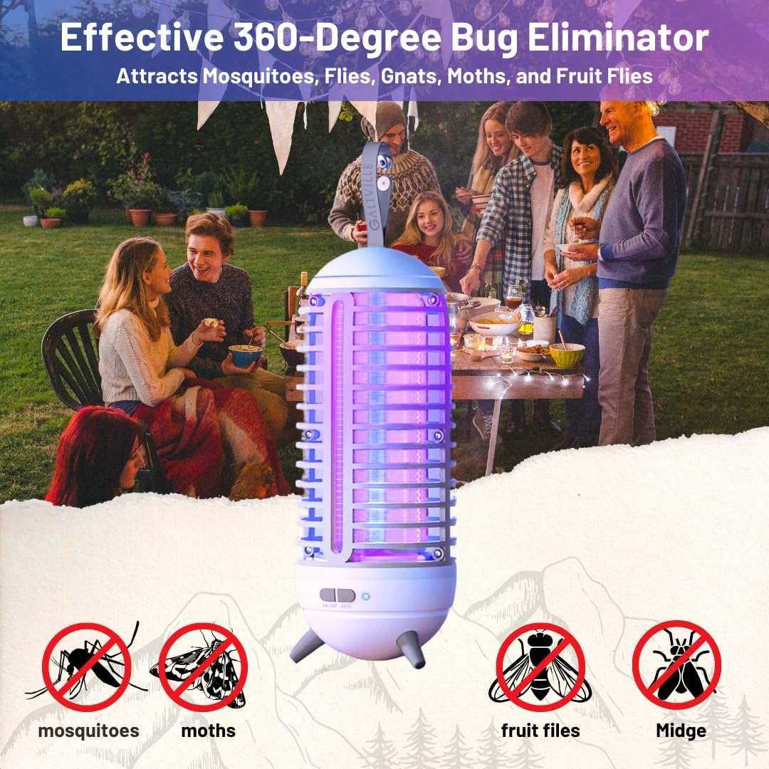 Rechargeable LED Mosquito & Flying Insect Trap Lamp, 3 Light Modes, USB-C Bug Zapper with Auto Light Sensor and Cleaning Brush for Indoor & Outdoor Use