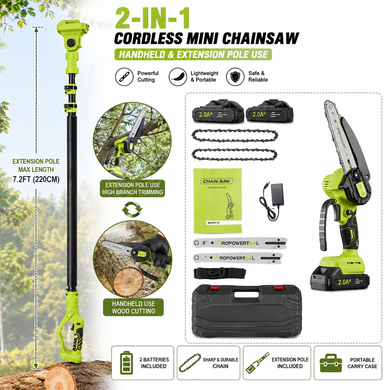 Cordless Mini Chainsaw with Extension Pole – Portable Electric Tree Pruning Saw Kit