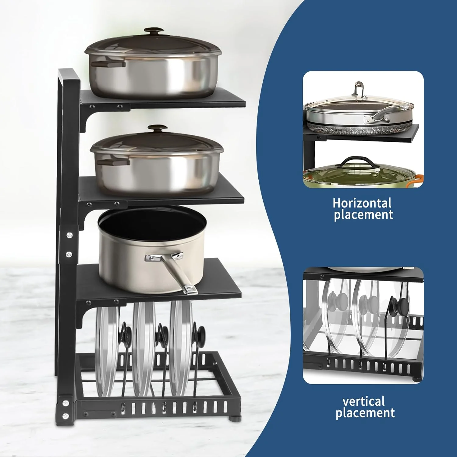 Pot Rack Organizers:4-Tier Adjustable Heavy Duty Pan Organizer for Cabinet ，Multiple Use Modes，Pot Rack & Pan Rack for Kitchen Counter and Cabinet