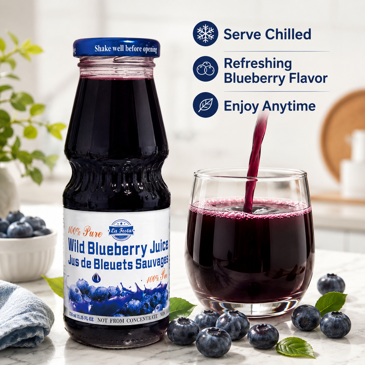 La Festa Wild Blueberry Juice, Not From Concentrate, No Preservatives, Additives or Water Added, 330 mL Glass Bottle