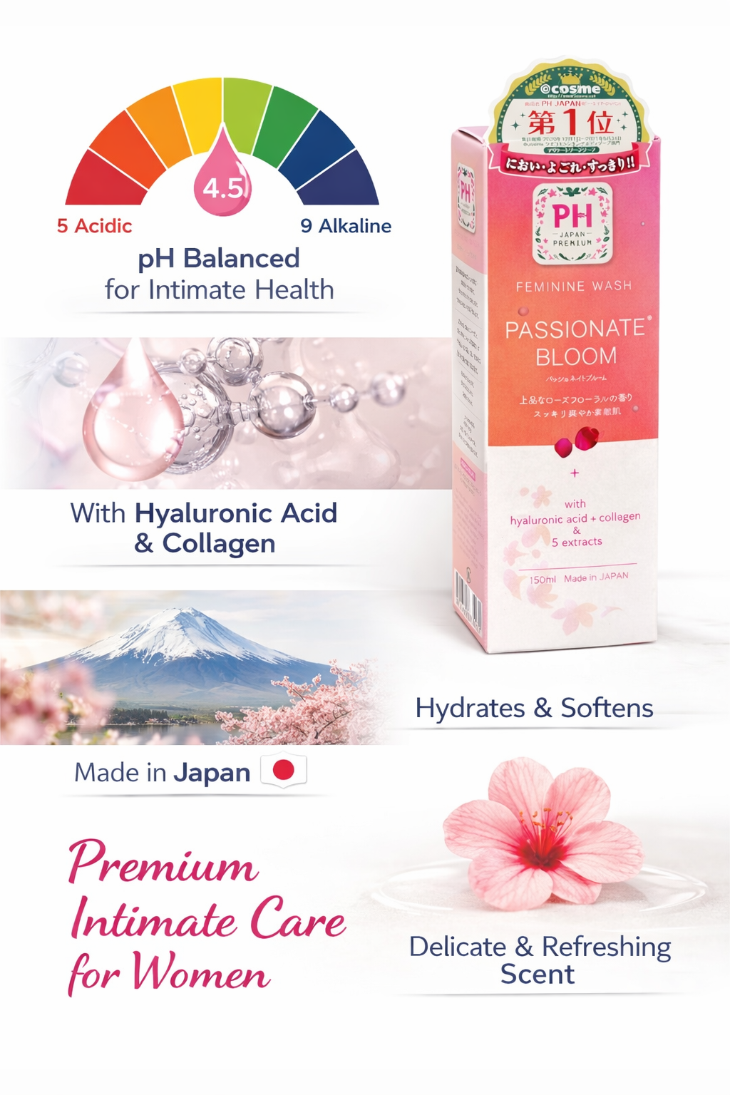 PH Japan Premium Feminine Wash – Passionate Bloom Intimate Cleanser with Hyaluronic Acid & Collagen (150ml)