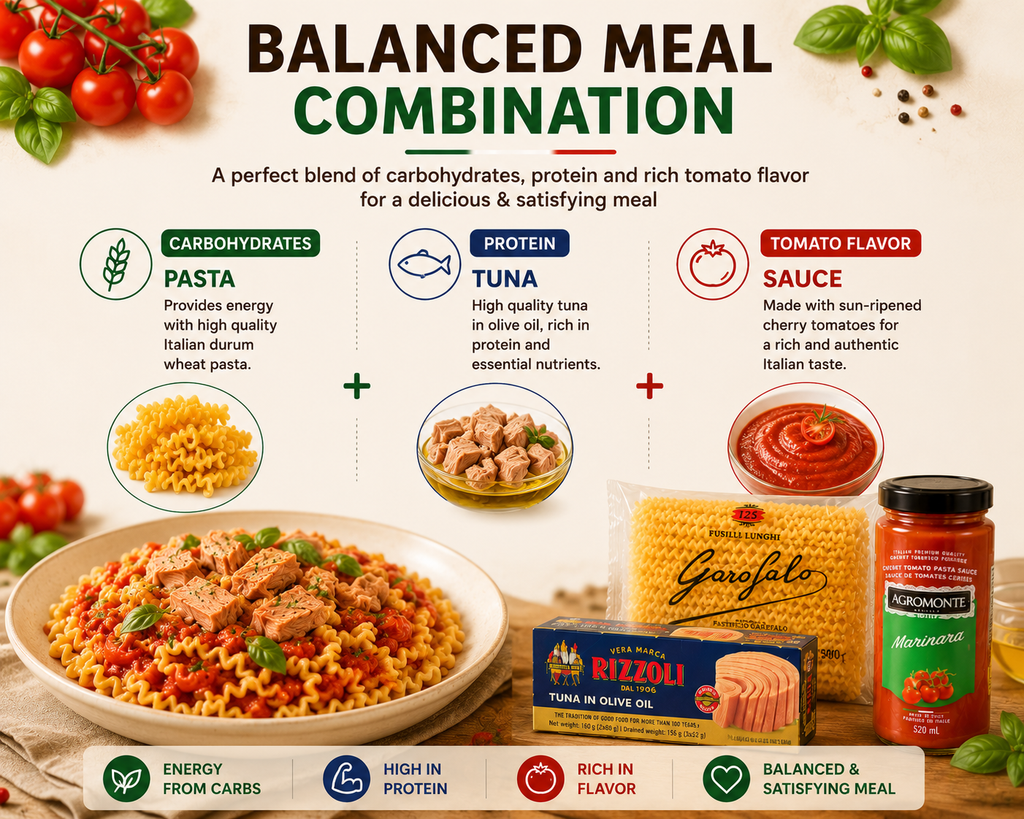 Italian Pasta Meal Kit Set – Fusilli Lunghi Pasta, Tuna in Olive Oil & Cherry Tomato Pasta Sauce, Easy Family Meal Bundle