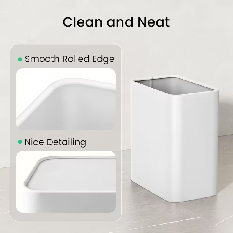Modern Stainless Steel Bathroom Trash Can – Small Metal Waste Basket for Bedroom, Office, Kitchen (Silver / White)