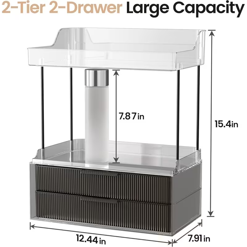 2-Tier Makeup Organizer with Drawers – Large Capacity Bathroom Counter Organizer, Skincare & Cosmetic Storage Display Stand