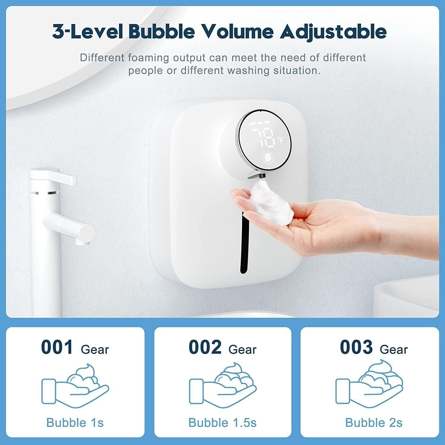 Automatic Foaming Soap Dispenser Wall Mounted – Touchless Sensor Soap Dispenser with Temperature Display, 3-Level Foam Control, USB Rechargeable (320ml)