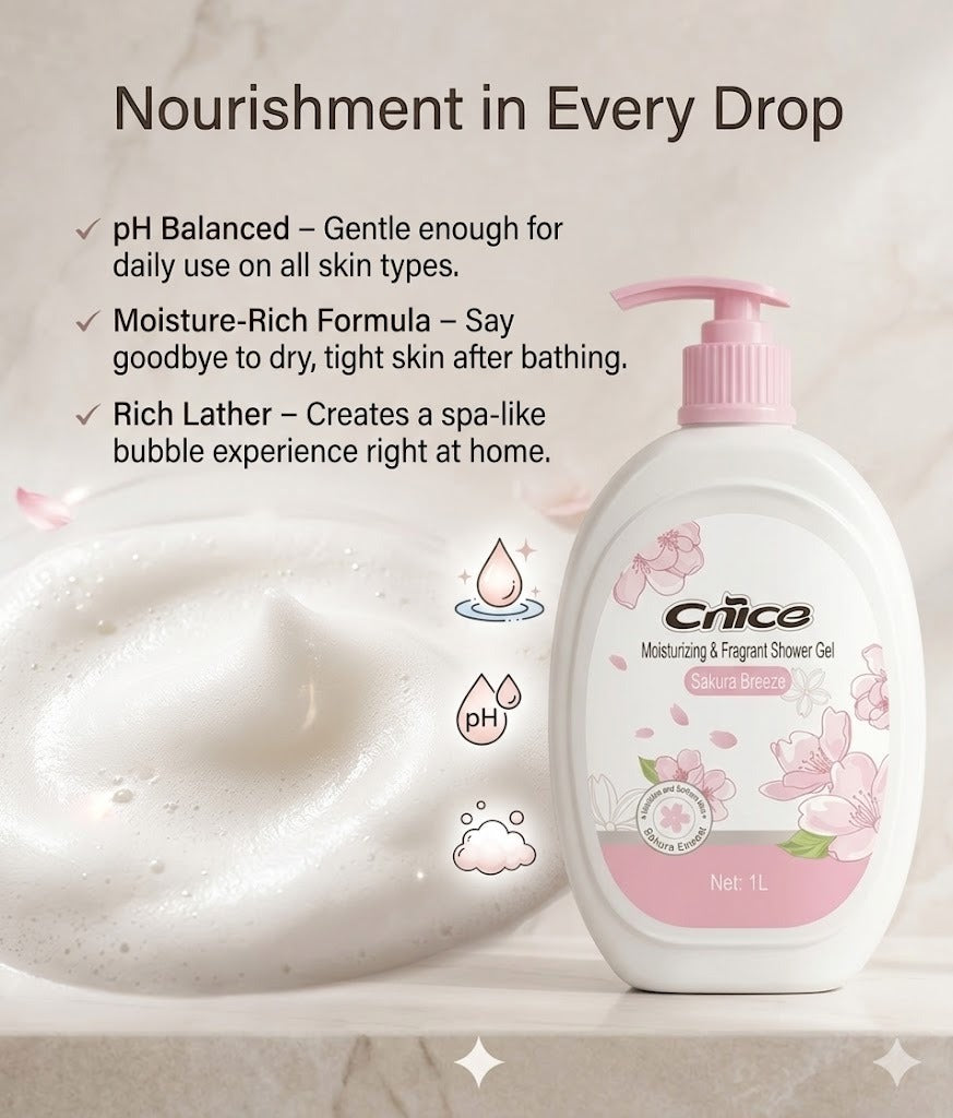 Cnice Floral Scent Body Wash, 1L Cherry Blossom Fragrance Shower Gel, Gentle Daily Cleansing Body Wash for Smooth & Fresh Skin Feel