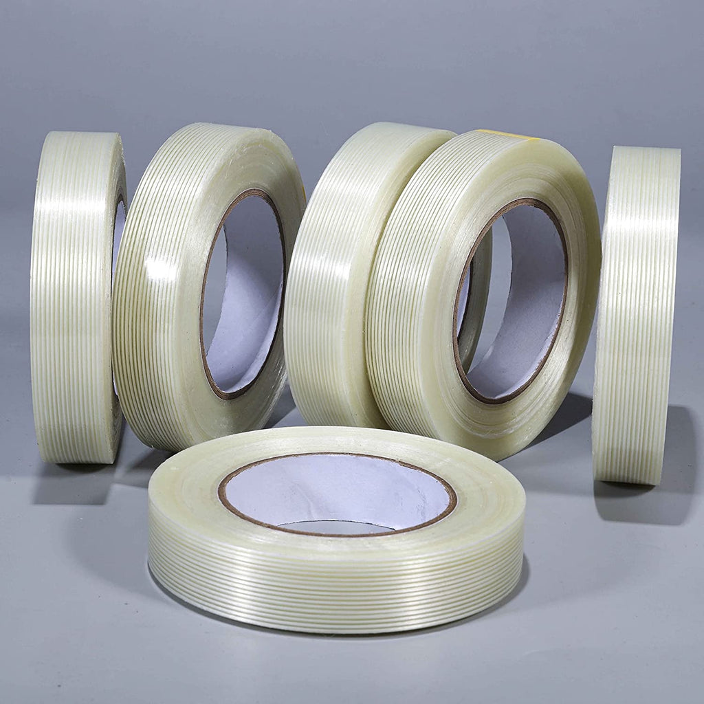 Bomei Pack 1-Inch Fiberglass Reinforced Filament Tape, 25 m per Roll, 10-Roll Pack, Clear Mesh Tape for Packing, Bundling and Repairs (B05023)