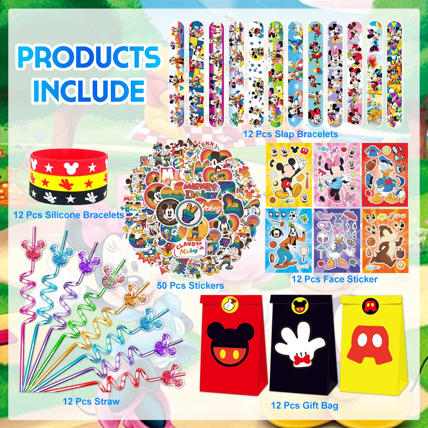 Cartoon Mouse Theme Party Decorations Set – Kids Birthday Supplies with Stickers, Slap Bracelets, Gift Bags & Colorful Accessories